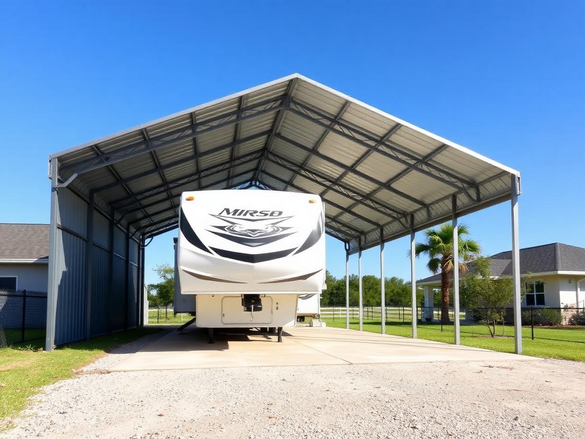 Steel RV cover structure beside a Florida home