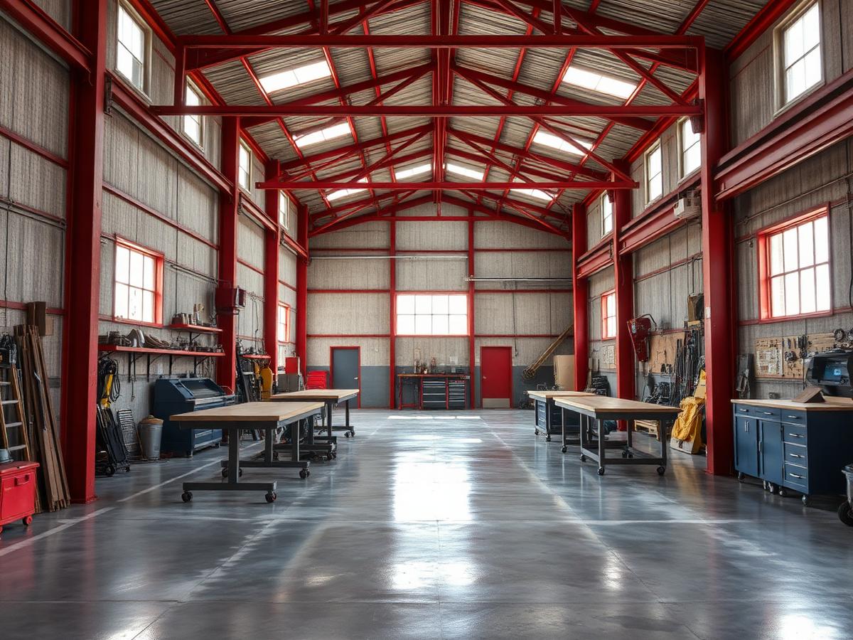 Interior of a steel workshop with red iron framing
