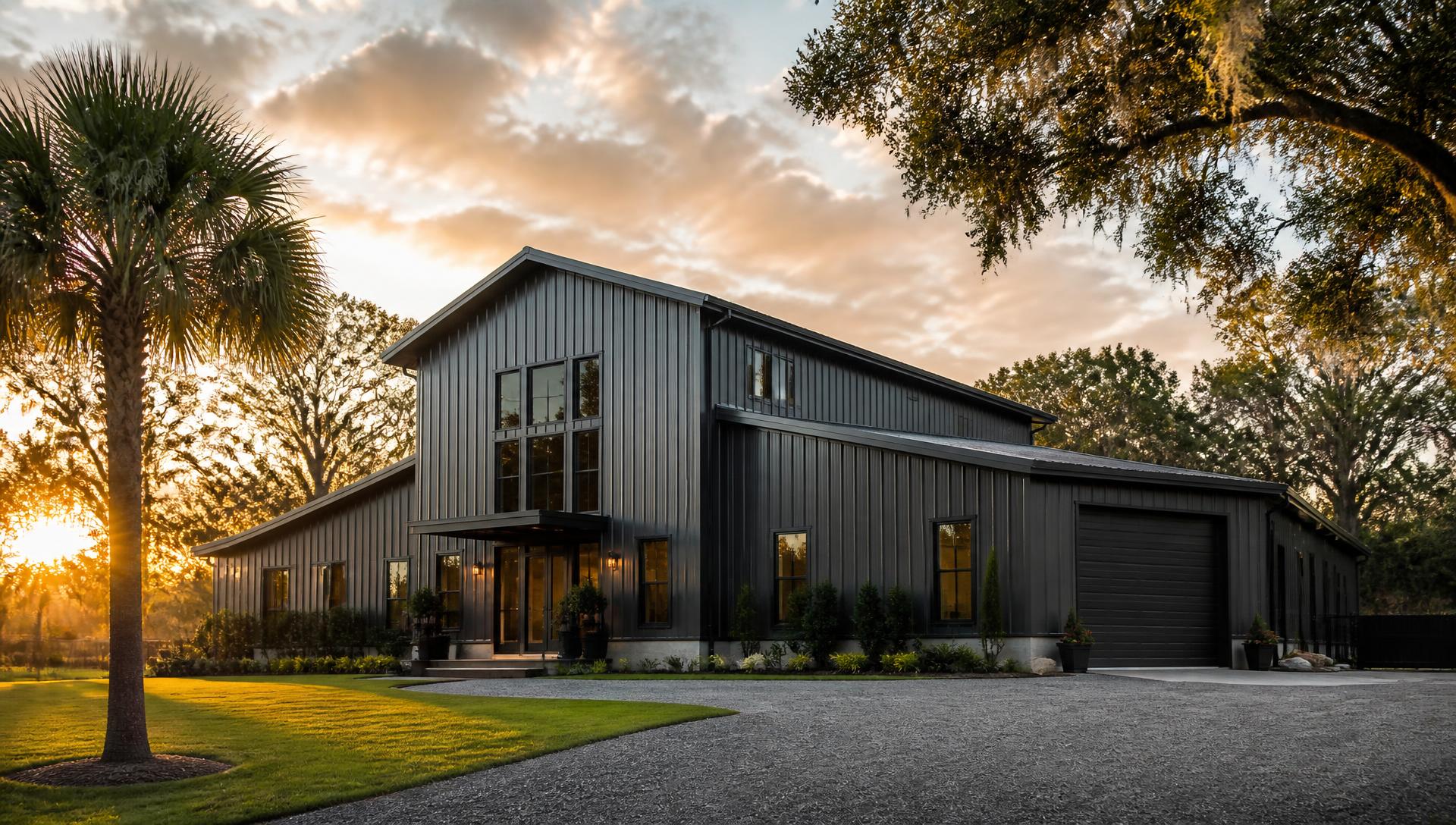 Modern dark metal barndominium at sunset on a Florida property