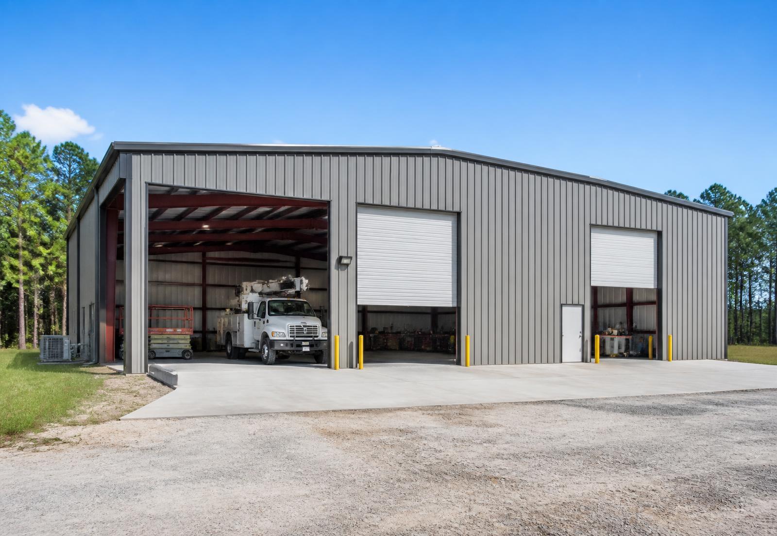 Steel workshop building with roll-up doors on a Florida property